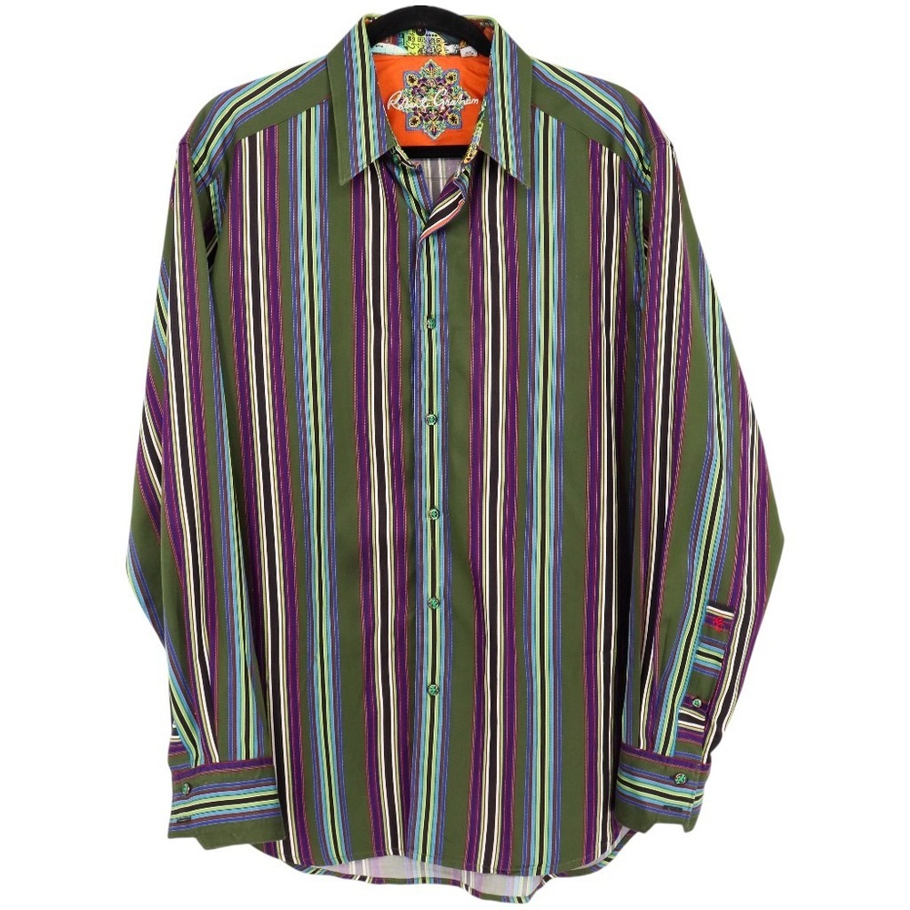 Robert Graham LS Men's Size M Green Purple Blue Striped Button Down Dress Shirt